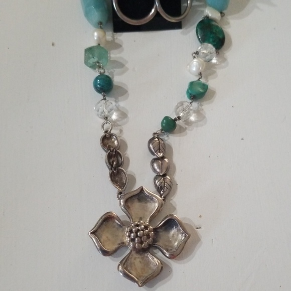 STERLING FLOWER PENDANT Amazonite Gemstone  Necklace - Picture 2 of 3